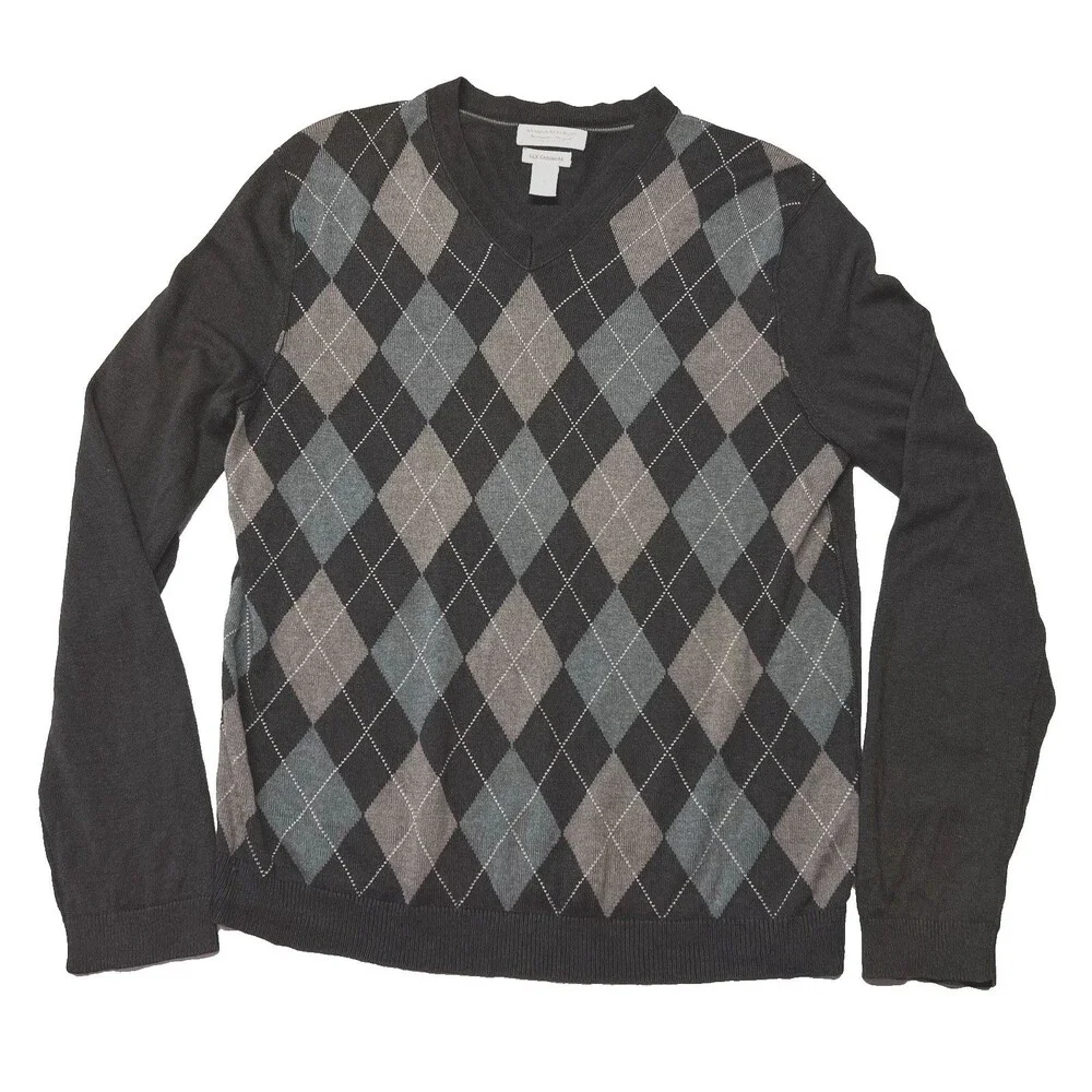 BANANA REPUBLIC Mens Silk Cashmere Diamond Argyle Vneck Sweater Small Brown Blue